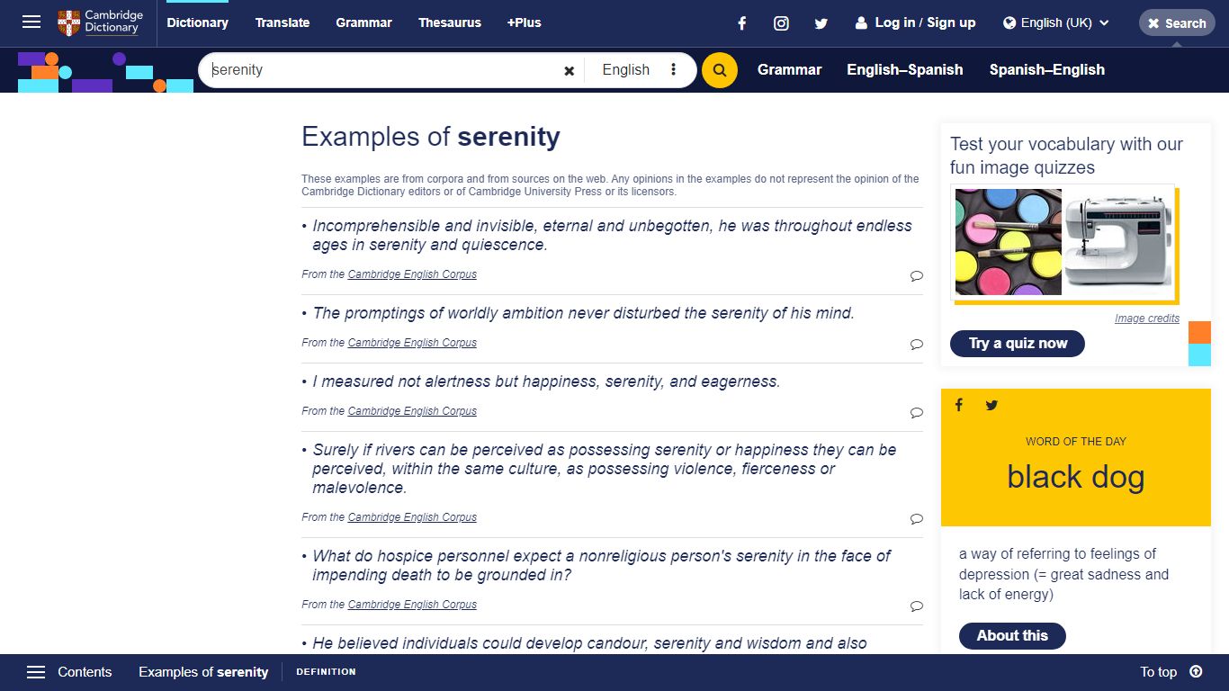 serenity in a sentence | Sentence examples by Cambridge Dictionary